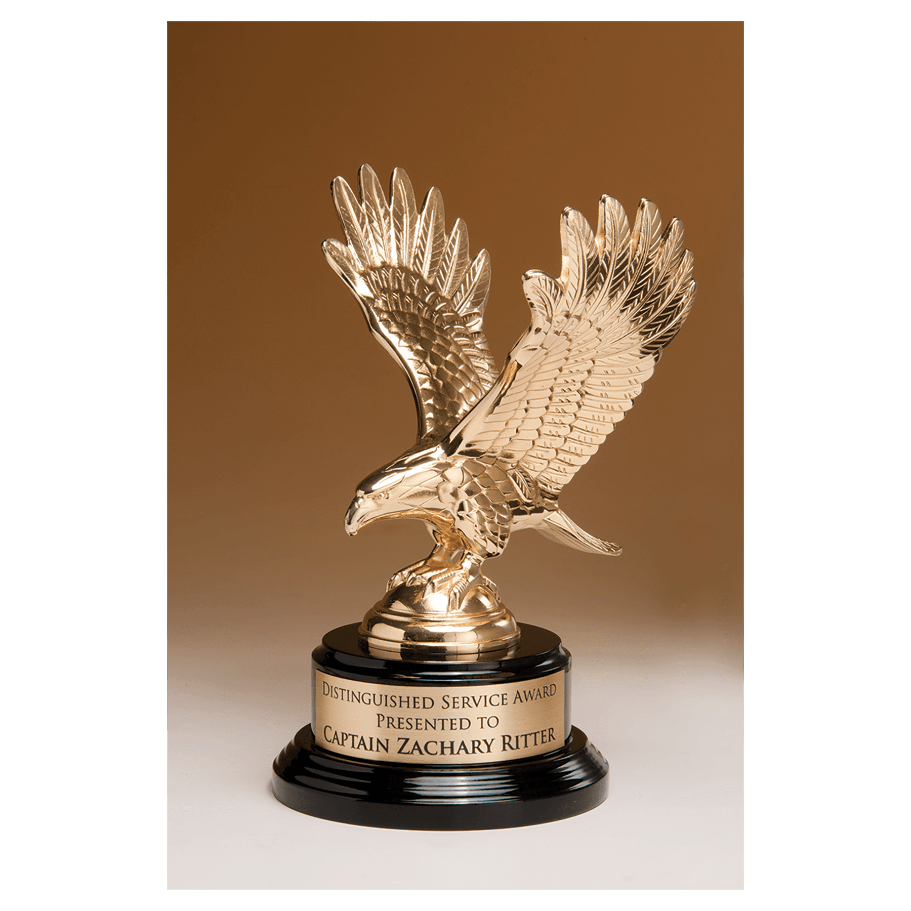 Fully Modeled Gold Finished Metal Eagle on on Black Piano Finish Base