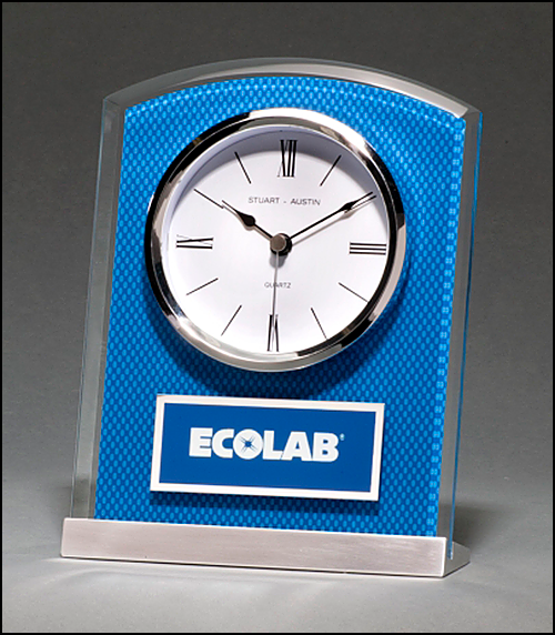Glass Clock with Blue Caron Fiber Design on Aluminum Base