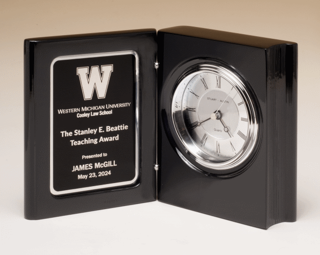 Rosewood Piano-Finish Book Clock with Diamond-Spun Dial and Three Hand Movement