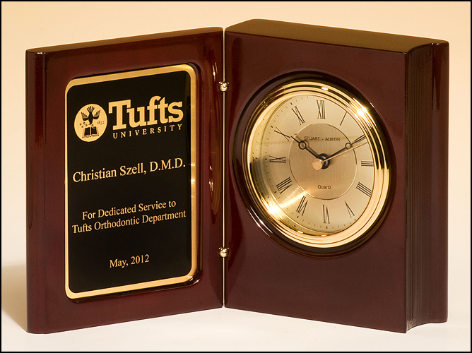Rosewood Piano-Finish Book Clock with Diamond-Spun Dial and Three Hand Movement