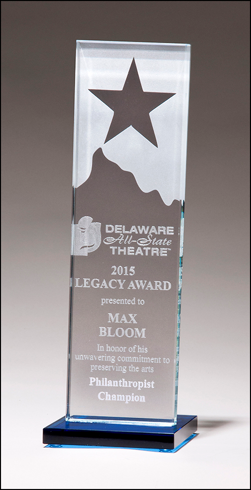 Etched Clear Glass Award with Star and Mountain Peak on Blue Glass Base