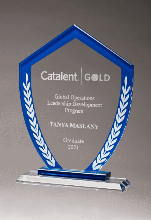 Shield Shaped Glass with White Leaf Detail - Blue Border