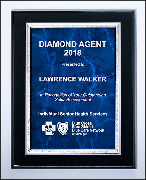 Black Piano Finish Plaque - Blue Marble & Silver Plate with Silver Florentine Border