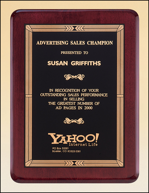 Rosewood Rounded Corner Piano Finish Plaque with Black Brass Plate - Geometric Design Border