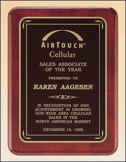 Rosewood Piano Finish Plaque with Rounded Gold Leaf Detail Florentine Border Design